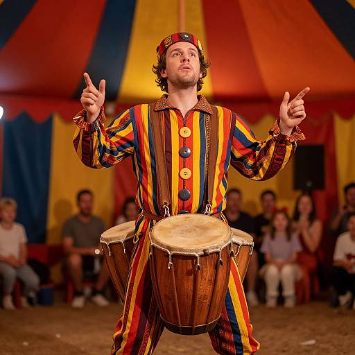 Photograph of a bearded man in a colorful striped jester outfit, playing a drum, with hands raised, under a circus tent.