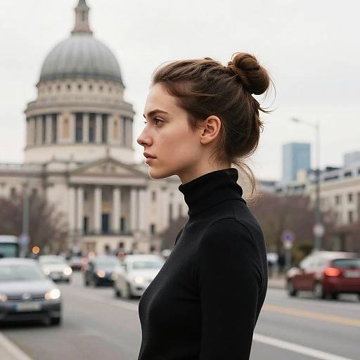 Photograph of a serious young woman with fair skin and brown hair in a bun, wearing a black turtleneck, standing in profile on a busy