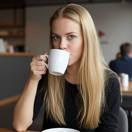 Photograph of a blonde woman with blue eyes, wearing a black top, sipping from a white mug in a blurred café.