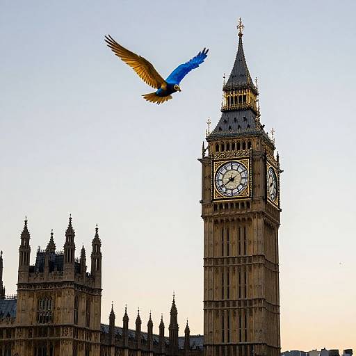 Photograph of a blue and gold parrot flying above the iconic Big Ben clock tower against a clear, twilight sky.