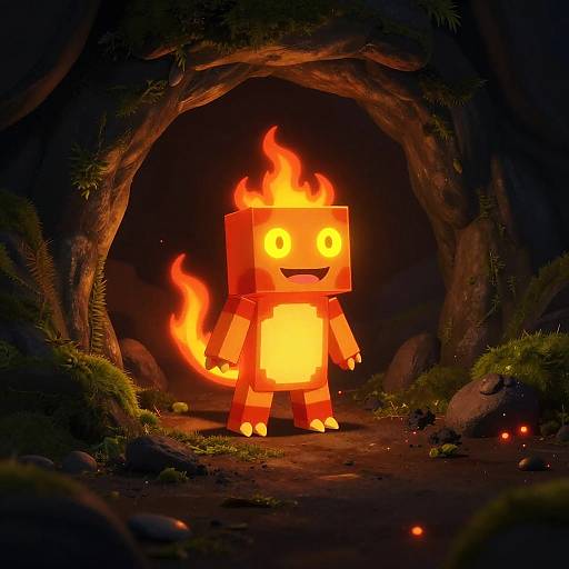 CGI image of a glowing, red, blocky, fire-eyed, cartoon-like creature with flames on its head, standing in a dark cave surrounded