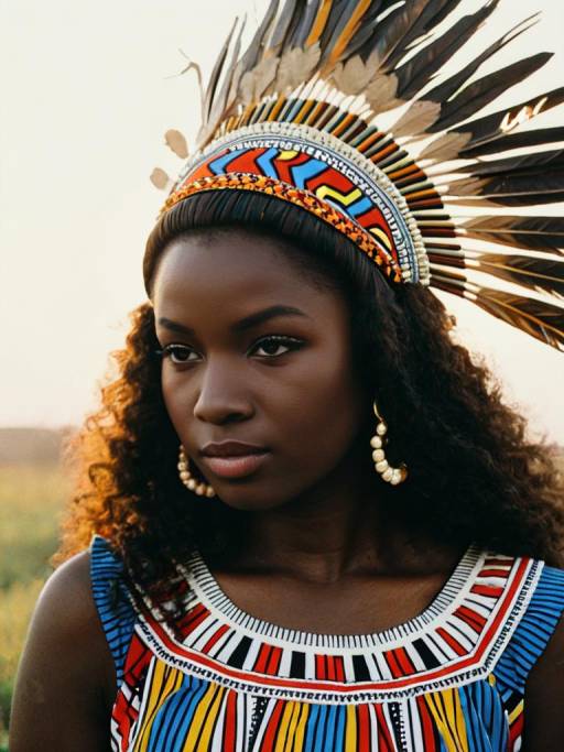 African Woman in Colorful Ankara Dress and Feathered Headdress