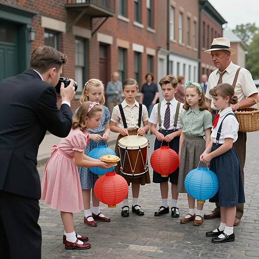 1940s Children's Street Scene with Lanterns