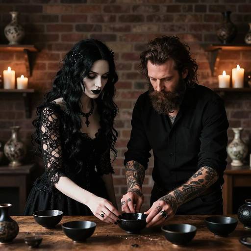 Photograph of gothic couple with black lace and tattoos, illuminated by candlelight, preparing black bowls on a wooden table.