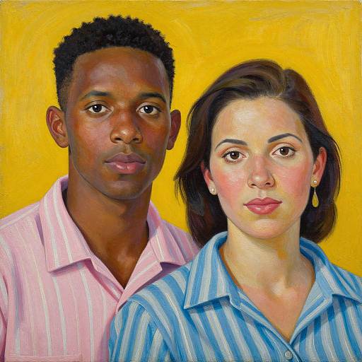 Photorealistic painting of a Black man with short curly hair in a pink-striped shirt and a White woman with brown hair in a blue-striped shirt,