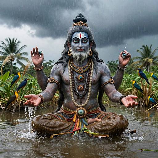 Photograph of a blue-painted, muscular Shiva statue with multiple arms, sitting in a muddy water pool, surrounded by tropical plants, birds,