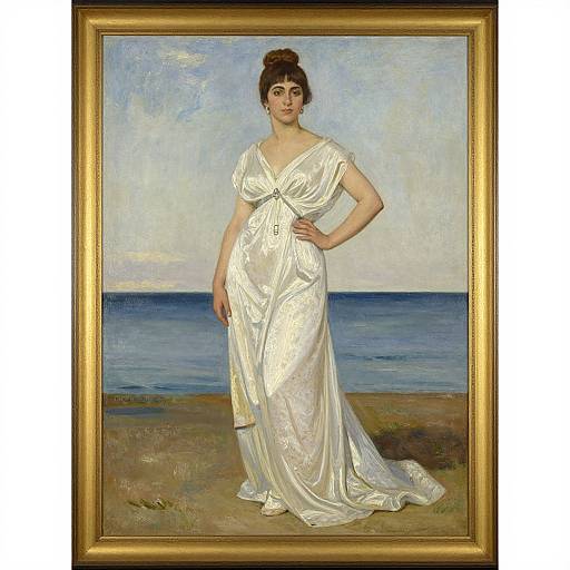 Oil painting of a poised woman in a white, flowing gown standing on a beach with a blue sea and sky background.