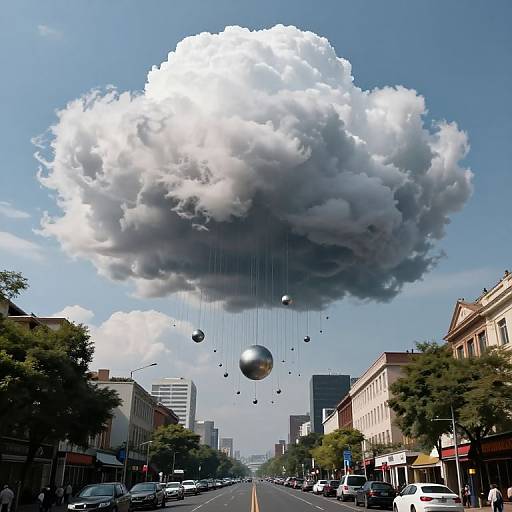 Surreal Floating Cloud Over City