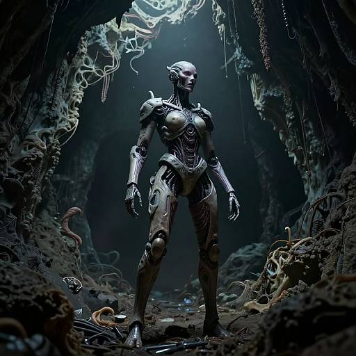 Cyber-Organic Warrior in Dark Cavern
