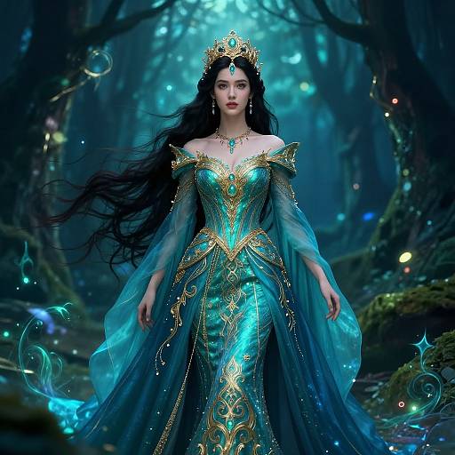 Digital fantasy artwork of a beautiful, dark-haired queen in an ornate, turquoise and gold gown, with a glowing tiara, standing in a mystical