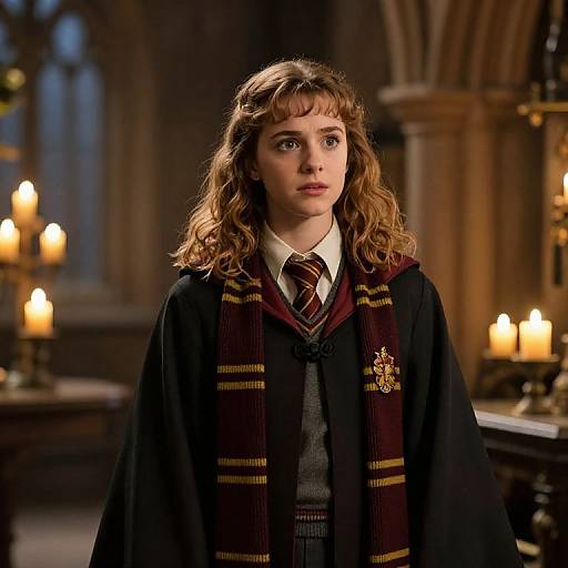 Photograph of a young woman with curly brown hair in a Hogwarts robe and striped tie, standing in a dimly lit, candle-lit cathedral.