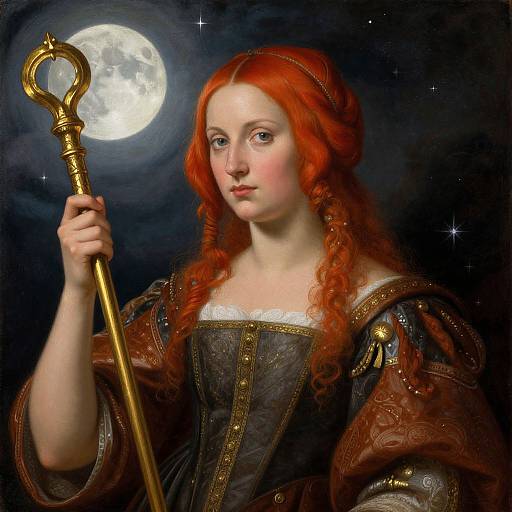 Digital painting of a fair-skinned red-haired woman with long curls, wearing an ornate dark dress, holding a golden staff under a full moon in