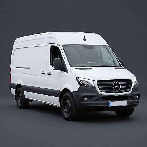 Photograph of a white Mercedes-Benz cargo van with black lower trim, front grille, and wheels, set against a dark gray background.