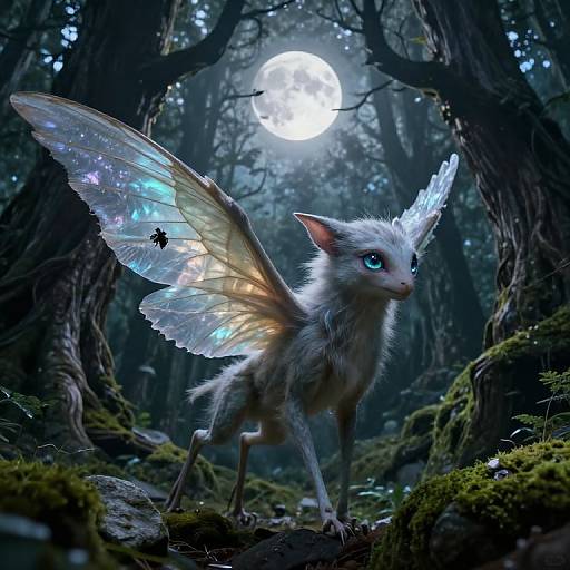 Digital fantasy artwork of a white, fairy-like creature with translucent, iridescent wings and a glowing blue horn, standing in a mystical forest under a