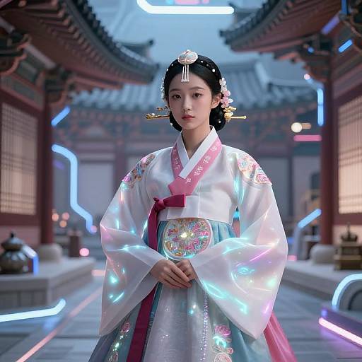 Neon Hanbok Girl in Futuristic Temple