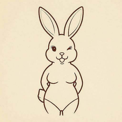 Black-and-white line drawing of a cute, anthropomorphic rabbit with large ears, winking, standing upright, and smiling, wearing only a thong