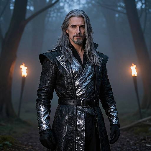 Digital art of a stern, gray-haired man with a beard wearing a shiny black leather trench coat in a foggy forest with torches.
