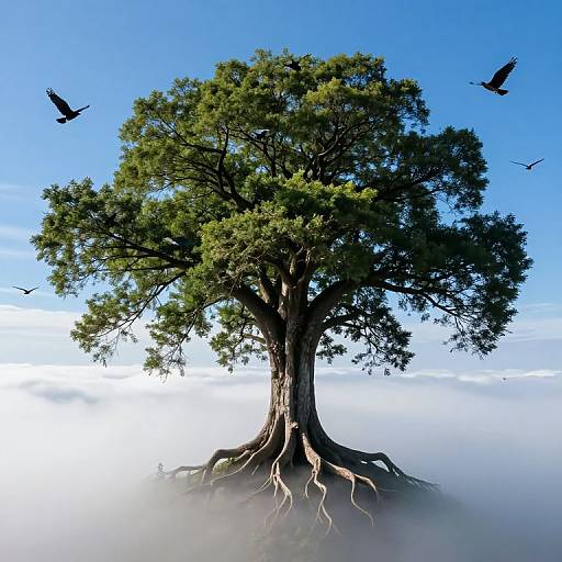 Digital art of a majestic, root-exposed tree with lush green foliage, surrounded by flying birds, set against a bright blue sky and misty background