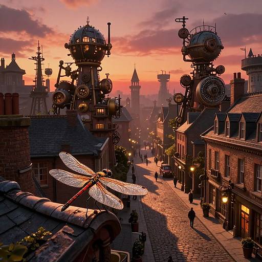 Steampunk cityscape at sunset with intricate clock towers, glowing lanterns, cobblestone street, giant dragonfly, and silhouetted