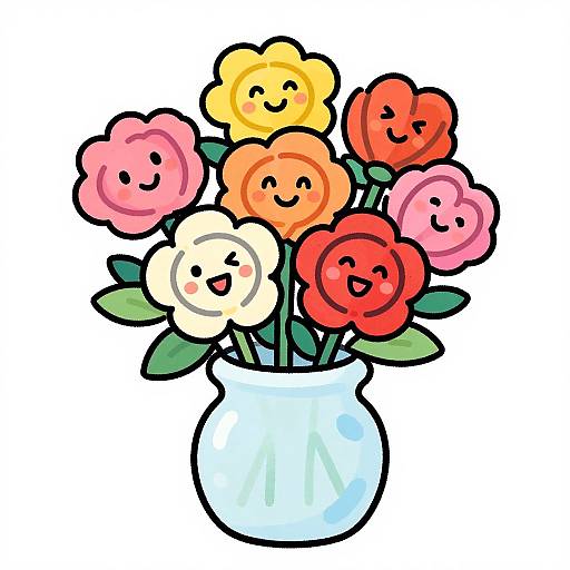 Cartoon-style digital drawing of a white vase with seven colorful, smiling flowers (yellow, red, pink, orange, white) with green leaves.