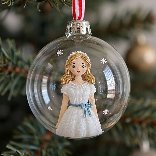 Photograph of a clear Christmas ornament with a hand-drawn blonde girl in a white dress and blue bow, surrounded by snowflakes, hanging from