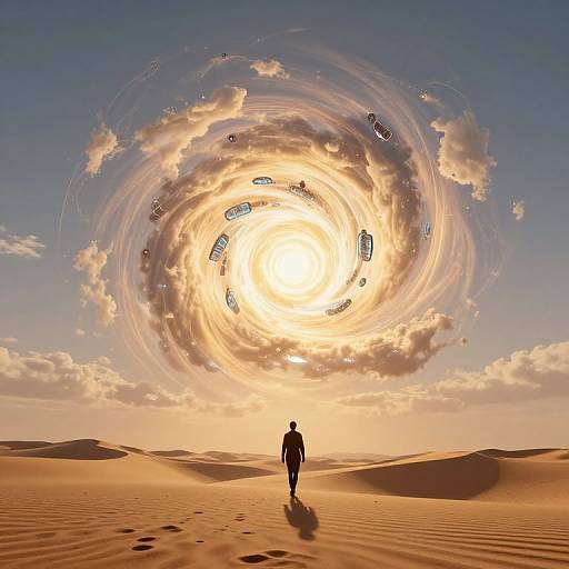 Silhouetted figure walks towards giant, swirling sun with floating logos in desert sky, glowing clouds, and golden sand dunes. Digital art.