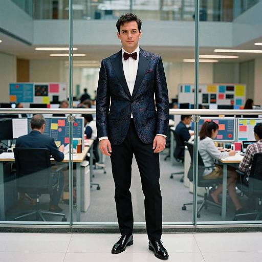 Photograph of a serious, dark-haired man in a black, patterned tuxedo with bow tie standing in a modern office with glass walls,