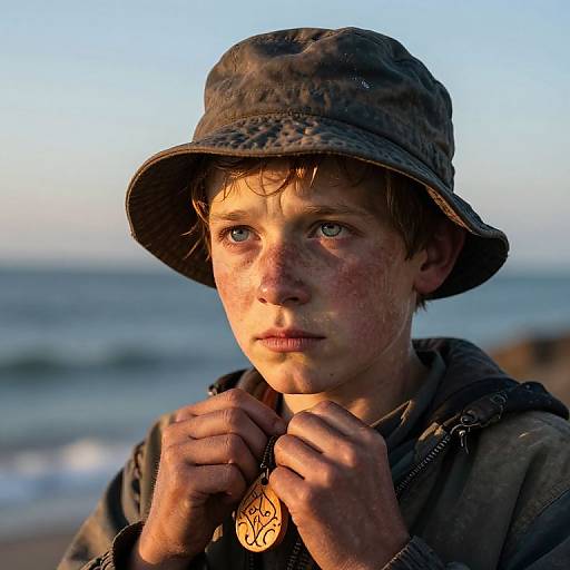 Photograph of a young boy with freckles, blue eyes, and dirty face, wearing a camouflage bucket hat and hoodie, holding a medall