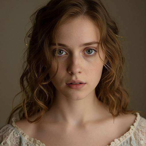Photograph of a young woman with wavy brown hair, fair skin, blue eyes, and subtle freckles, wearing a white lace top,