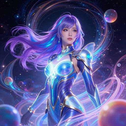 Digital artwork of a futuristic, purple-haired woman in glowing blue and silver armor, set against a cosmic background with swirling lights and planets.
