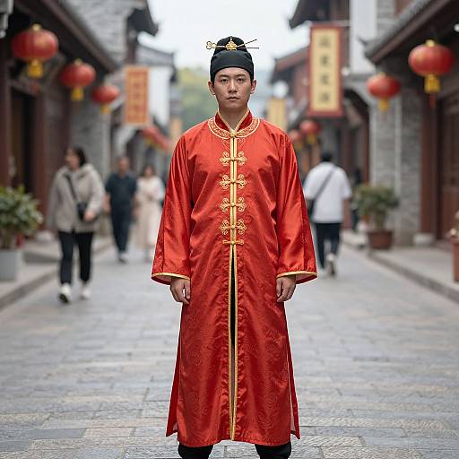 Photograph of a young Asian man in a vibrant red traditional Chinese robe, standing in a narrow, cobblestone street with blurred pedestrians and red lantern