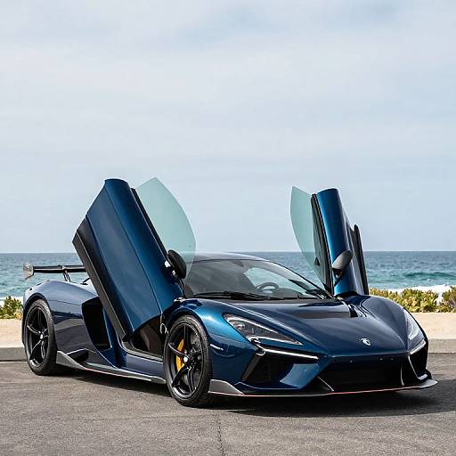 Photograph of a sleek, black, open-doored, high-performance sports car with yellow brake calipers, parked on a coastal road with ocean and