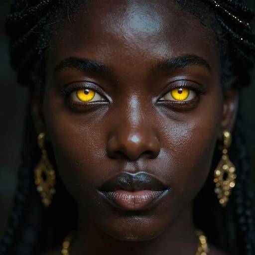 Photograph of a dark-skinned woman with striking yellow glowing eyes, braided hair, gold earrings, and metallic gray lips, set against a dark