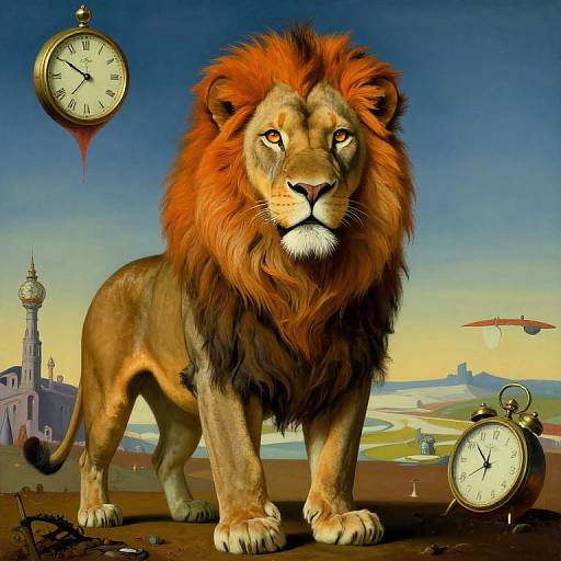 Surreal Regal Lion with Melting Clocks