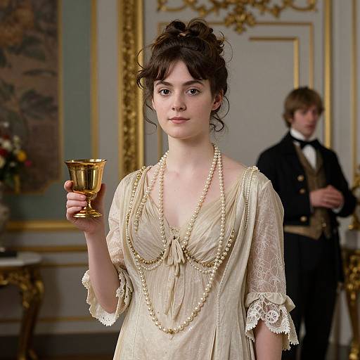 Photograph of a pale-skinned young woman with dark hair in an elegant, cream-colored lace dress, holding a golden chalice, standing in an