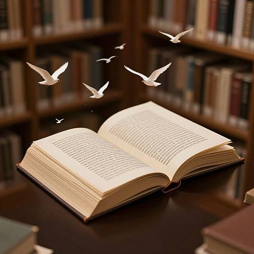 Photograph of an open book with glowing text, surrounded by white birds in mid-flight, set against a blurred library background.