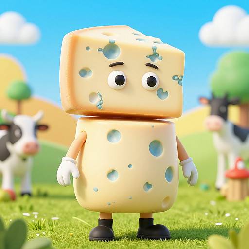 CGI image of a cheese cube character with arms and legs, wearing white gloves and black shoes, in a bright, sunny, cartoon farm background.