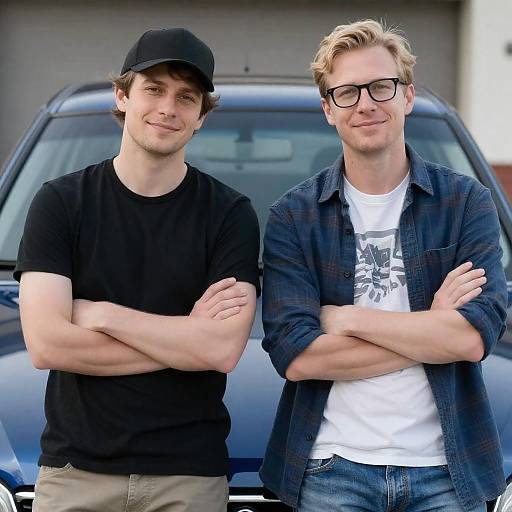 Two Friends Posing by a Blue Car