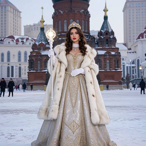 Photograph of a fair-skinned woman with dark curly hair, wearing a gold tiara, white gloves, and a luxurious fur-trimmed gown