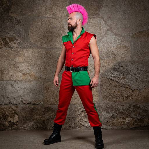 Photograph of a muscular, bearded man in a vibrant red and green punk outfit with a pink mohawk, standing against a textured stone wall.