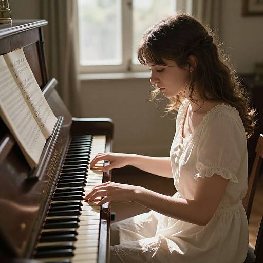 Photograph of a young woman with long brown hair, wearing a white dress, playing a wooden piano in sunlight-filled room.