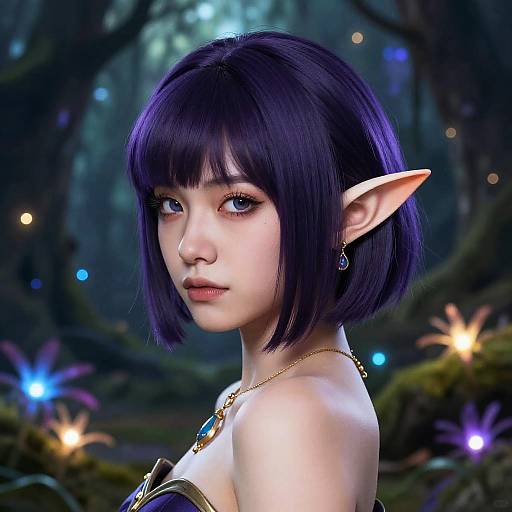 Fantasy Elf with Dark Purple Bob Hair
