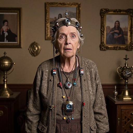 Photograph of an elderly woman in regal attire with elaborate jewelry, adorned crown, standing in a Victorian-style room with framed portraits.
