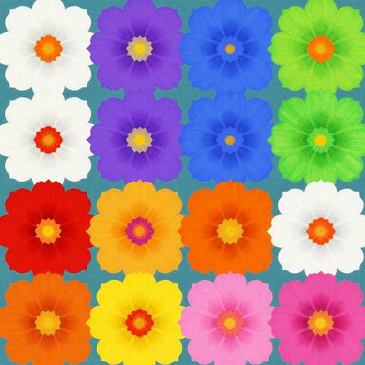 Vibrant digital illustration of 16 colorful flowers in various sizes and shapes, including white, purple, blue, green, red, orange, yellow