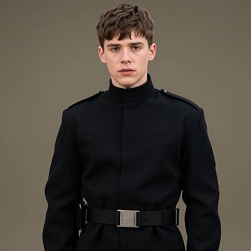 Photograph of a young white male with short brown hair, wearing a black military-style uniform with shoulder epaulettes and a belt, standing against
