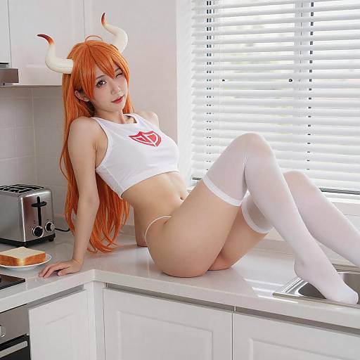 Playful Woman with Orange Hair in Kitchen
