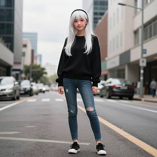 Photograph of a young woman with long white hair, wearing a black sweatshirt, ripped blue jeans, black sneakers, and a headband, standing