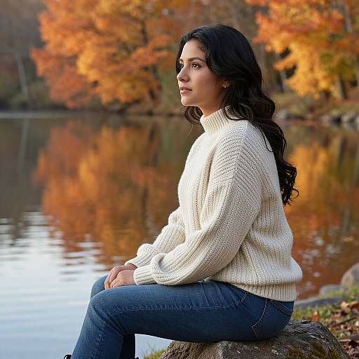 Photograph of a young woman with long dark hair, wearing a white knit sweater and blue jeans, sitting by a lake with vibrant autumn trees in the