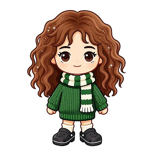 Chibi-style digital drawing of a cute girl with wavy brown hair, green sweater, white scarf, black shoes, and large brown eyes.