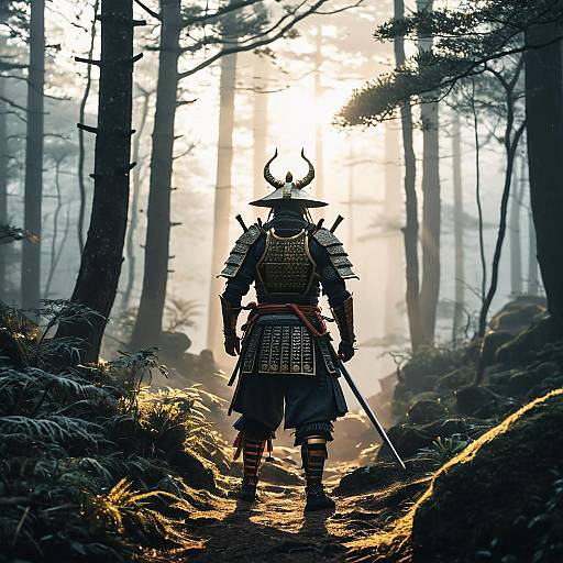 Samurai Warrior in Misty Forest at Sunrise